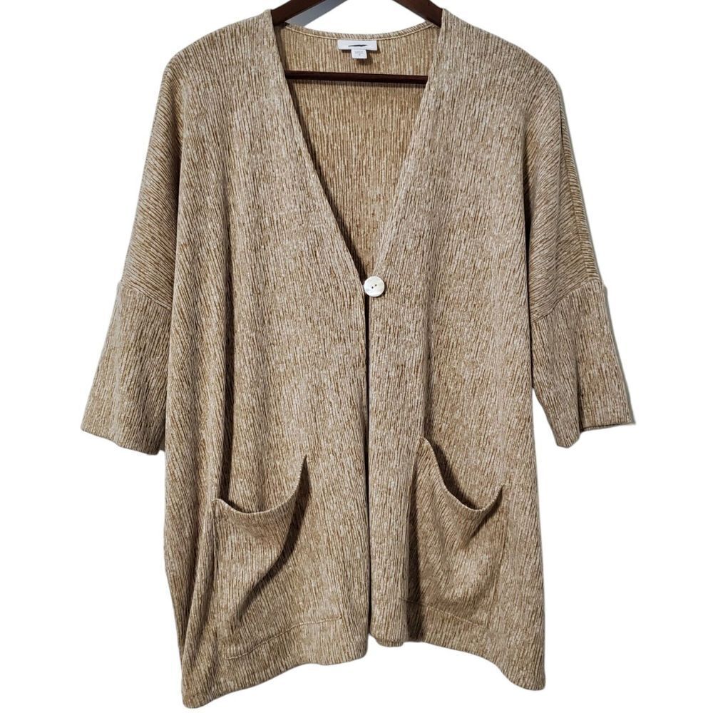 J. Jill Linen Cotton Blend Knit Kimono Size M One Button Jacket Pockets Womens